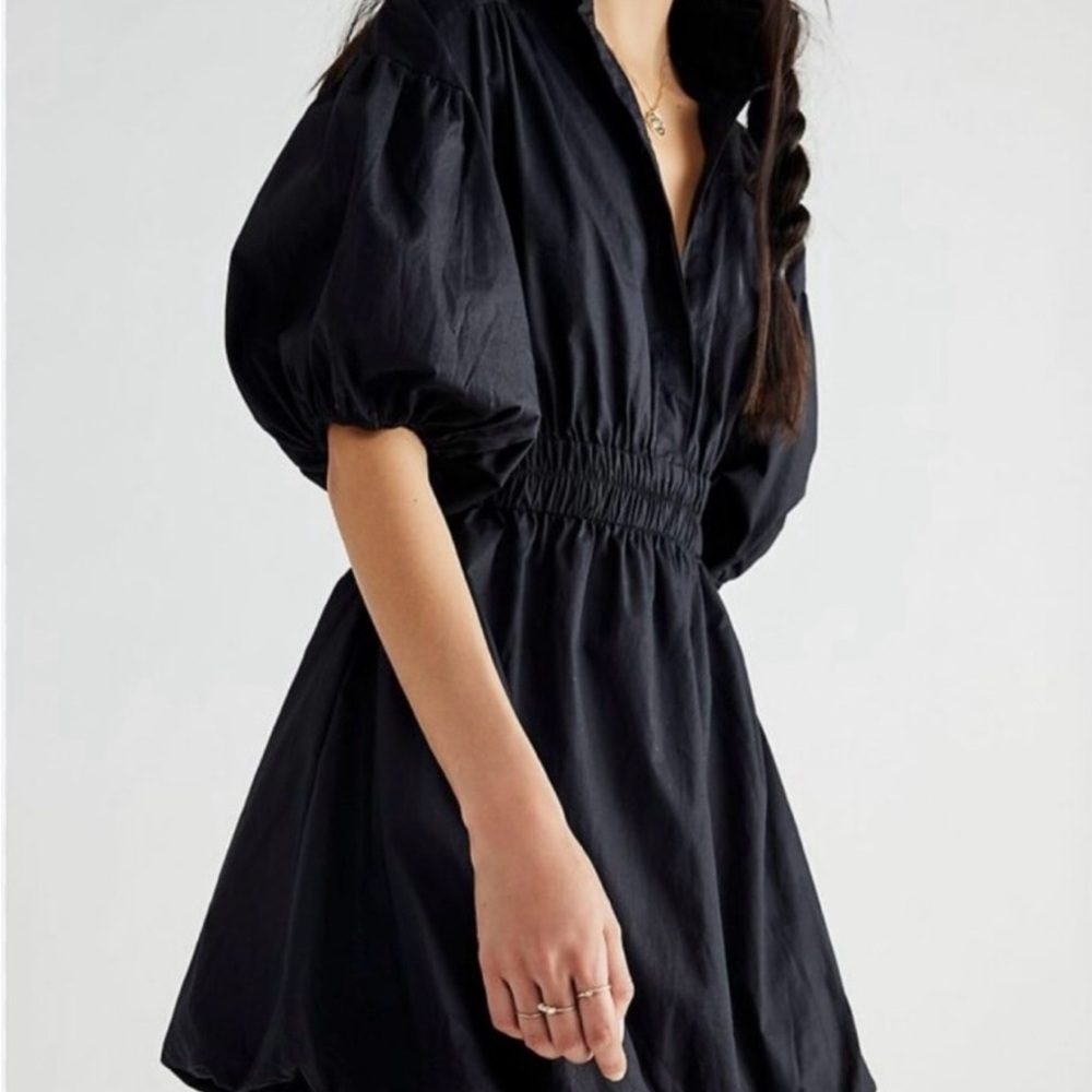 Free People Black Smocked Puff Sleeve Mini Dress